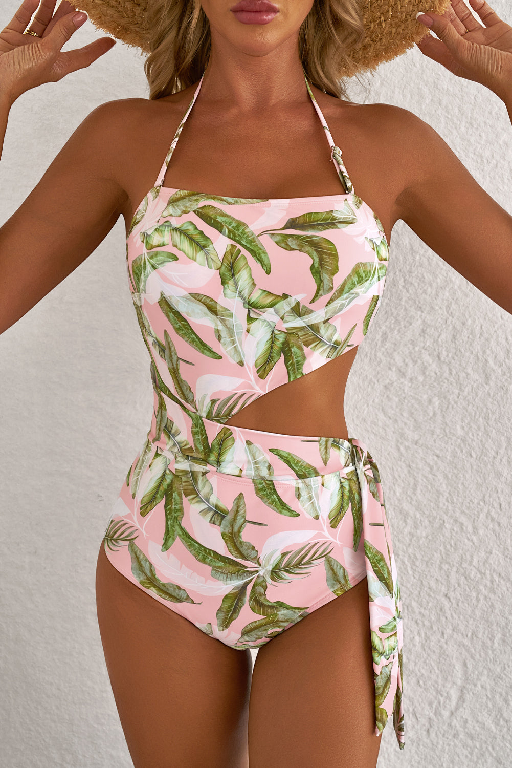 Pink Tropical Asymmetric Cut out Halter Backless One Piece Swimwear